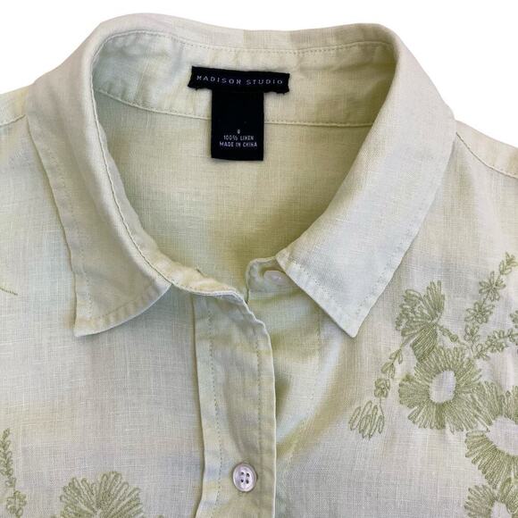 Madison Studio Vtg Y2K Linen Pastel Green Floral Embroidered Button Down Shirt 8 - Picture 10 of 16